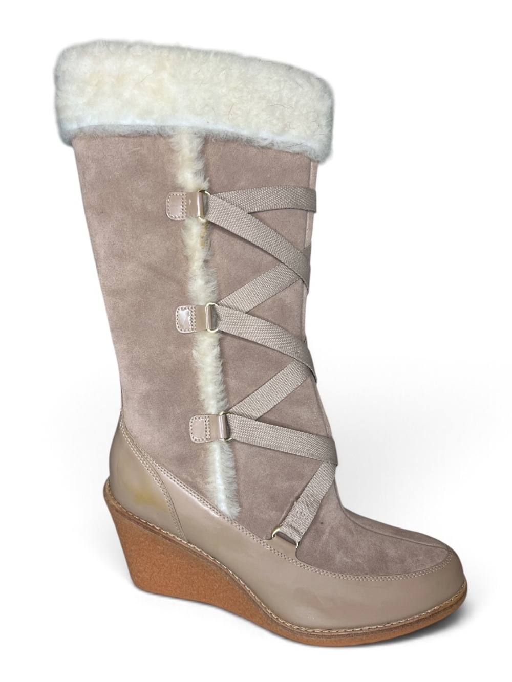 Cole Haan Air Michelle Cafe Au Lait Suede Shearling Wedge Boots Women’s Size 9
